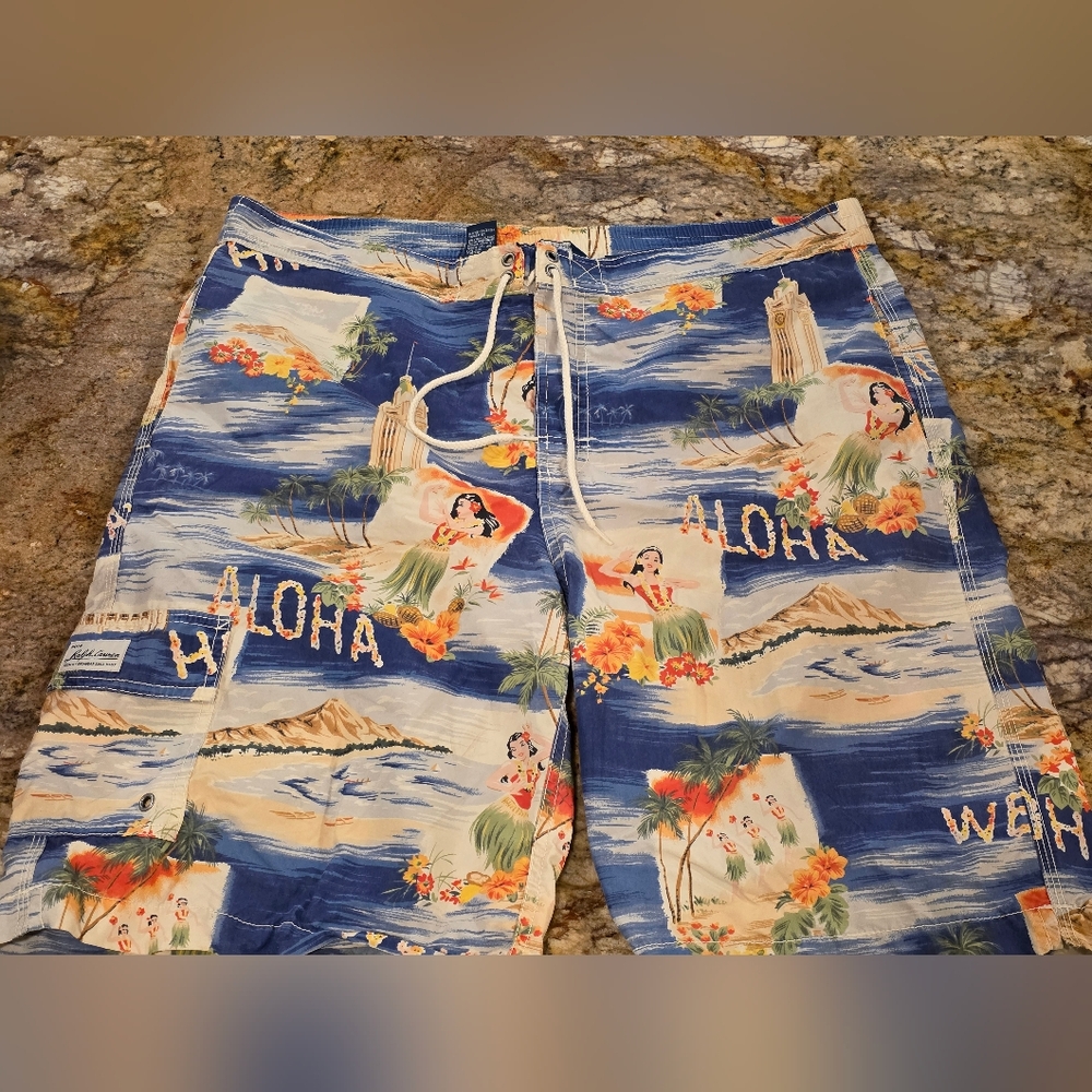 Vintage Polo Ralph Lauren Swim Suit Size Large Blue Aloha Hawaii Board Shorts